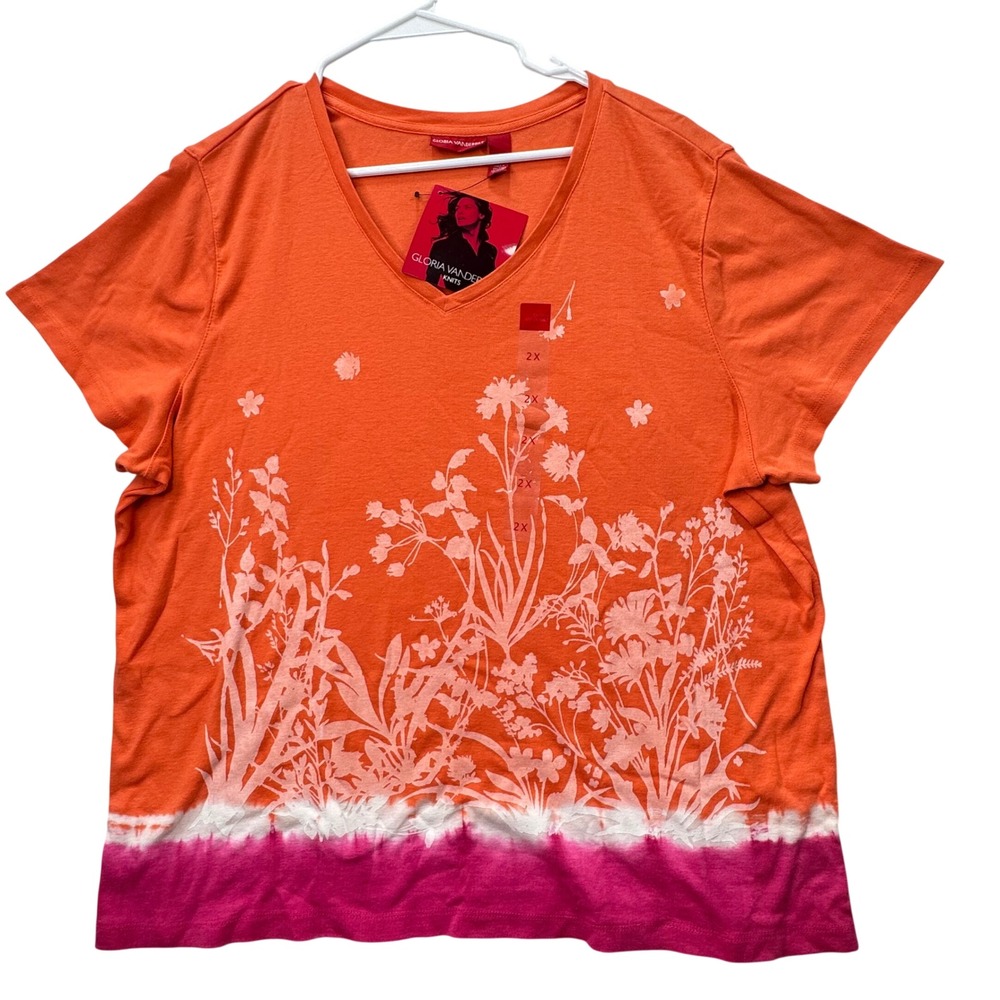 Gloria Vanderbilt T-Shirt Womens 2X Orange Floral Tie Dye Boho V-Neck Cotton NEW